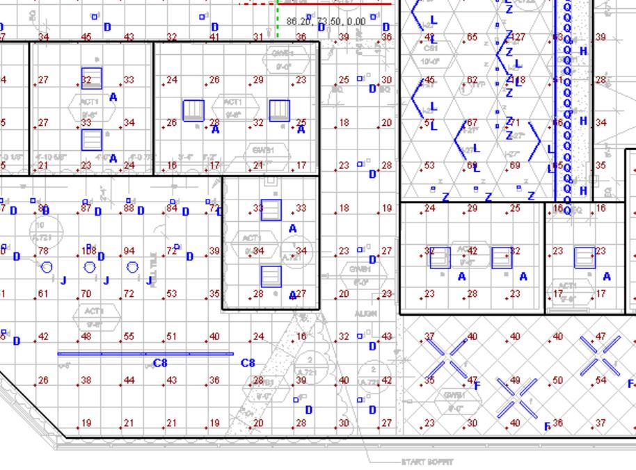 A footcandle study can be provided, overlayed onto the project reflected ceiling plan.  Illuminance levels are shown in red.